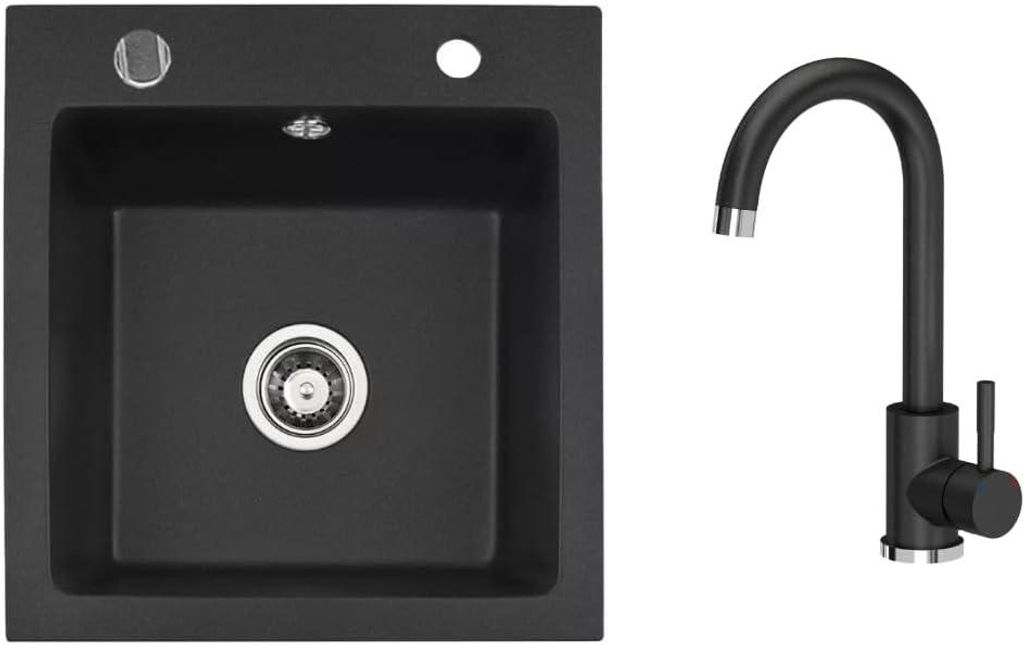 VBChome Granitspüle 50 x 48 cm Schwarz mit Armatur Einzelbecken Einbauspüle Gesprenkelt Pflegeleichtes Spülbecken mit Siphon Ideal für kleine K...