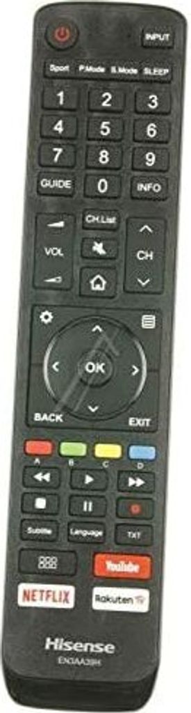A black Hisense TV remote control is shown against a white background.