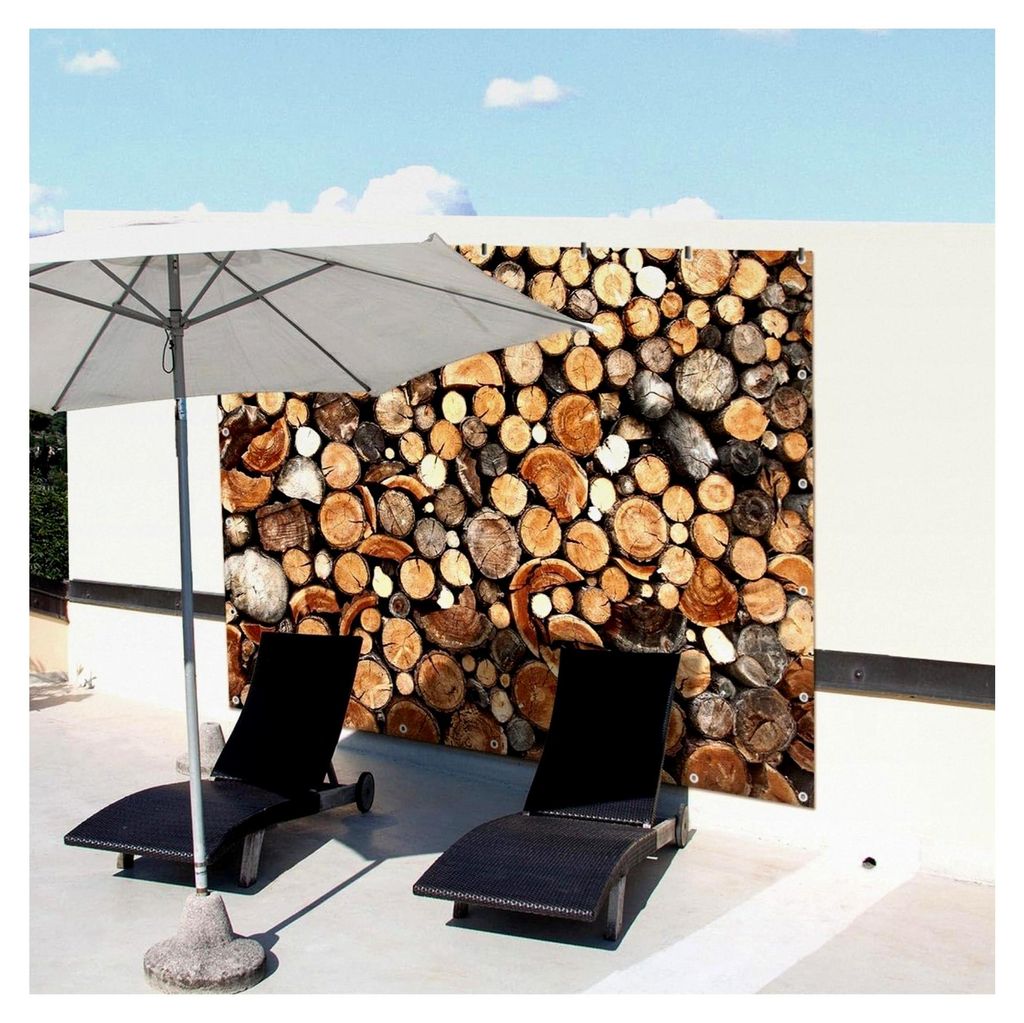 Sichtschutz Garten Deko Zaunplane blickdicht groß mit Holzstapel Motiv für Doppelstabmattenzaun 250x180 cm