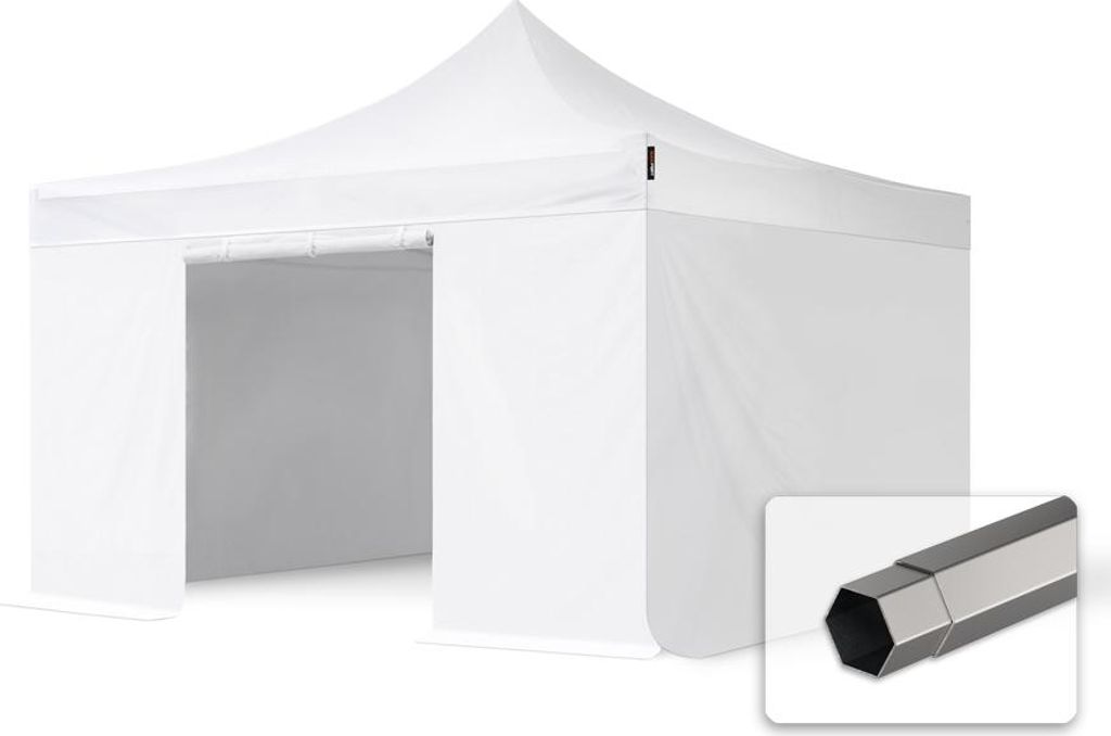 TOOLPORT 4x4m Stahl Faltpavillon, inkl. 4 Seitenteile, weiß