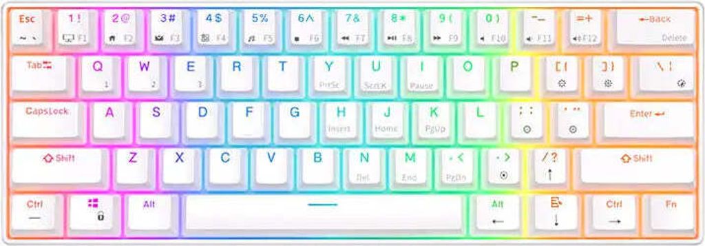 A white mechanical keyboard with rainbow backlighting.