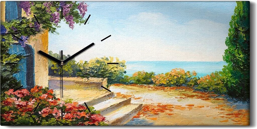 Leinwand Wanduhr Wandkunst Uhr 60x30 Gemälde Küste Blumen Haus Meer Wolken Kunst - schwarze Hände