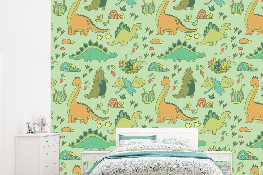 MuchoWow Fototapete für Wohnzimmer oder Schlafzimmer Wandtapete Vinyl Motivtapete Muster - Dino - Grün - Kleiner Junge - Kind - Kinder - 315x26...