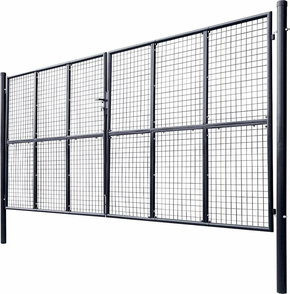 A gray metal mesh garden gate with a black frame and latch, shown against a white background.