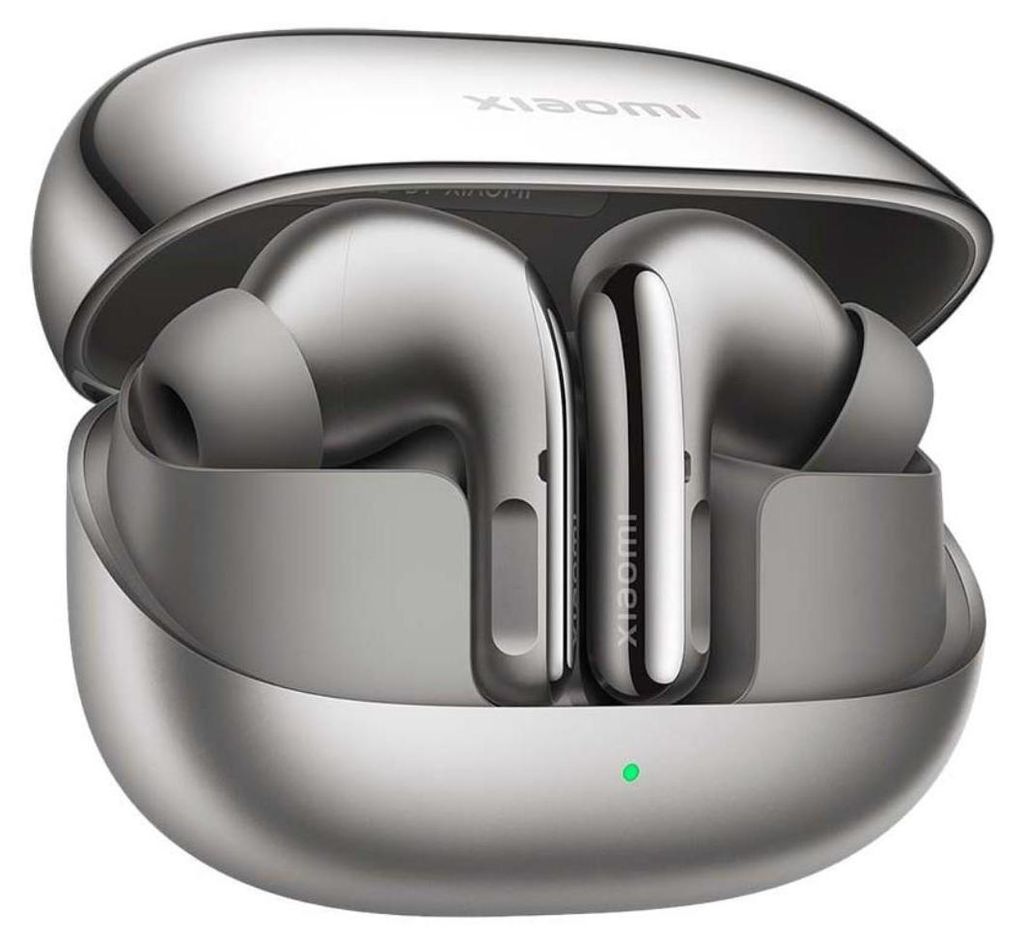 A pair of silver wireless earbuds in their charging case.