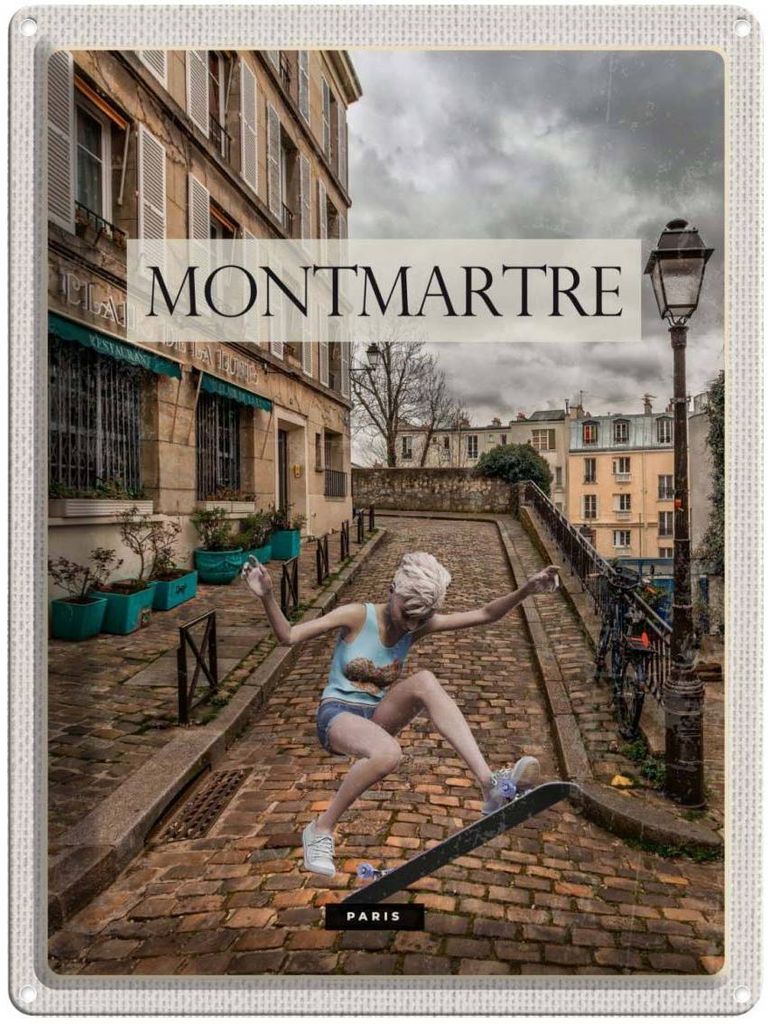 vianmo Blechschild 40x30 cm Montmartre Paris Skateboard Frau Bildmotiv Reisemotiv Abenteuer Reisen Europa Urlaub