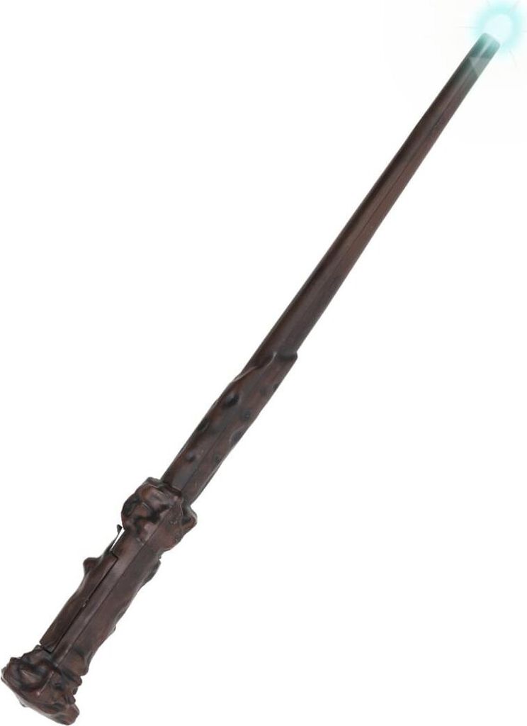 A brown wizard wand with a glowing blue tip, isolated on a white background.