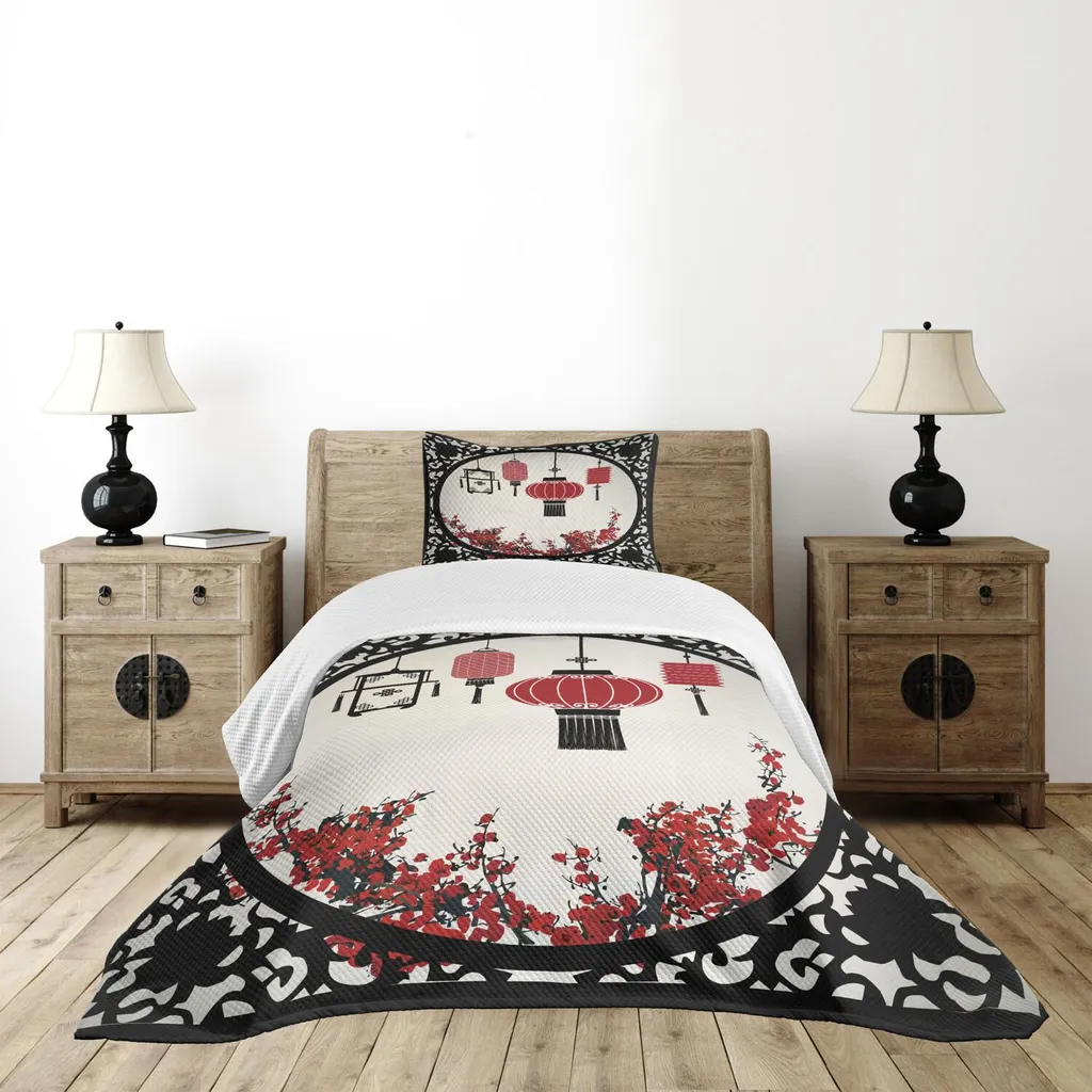 Set copriletto ABAKUHAUS Lanterna, lanterne con grafica decorativa rotonda con ciliegi giapponesi Sakura, 170 x 220 cm, rosso beige nero