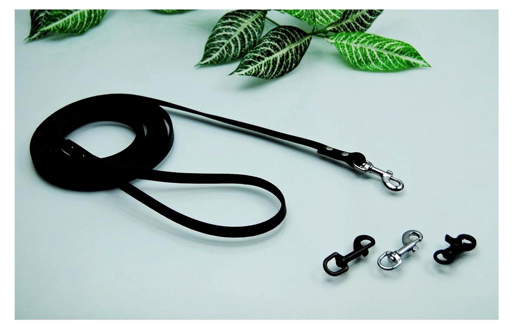 Petite Lederleine genietet Schwarz 10mm x 2m ohne Schlaufe Führleine Welpenleine (Karabiner: Silber)