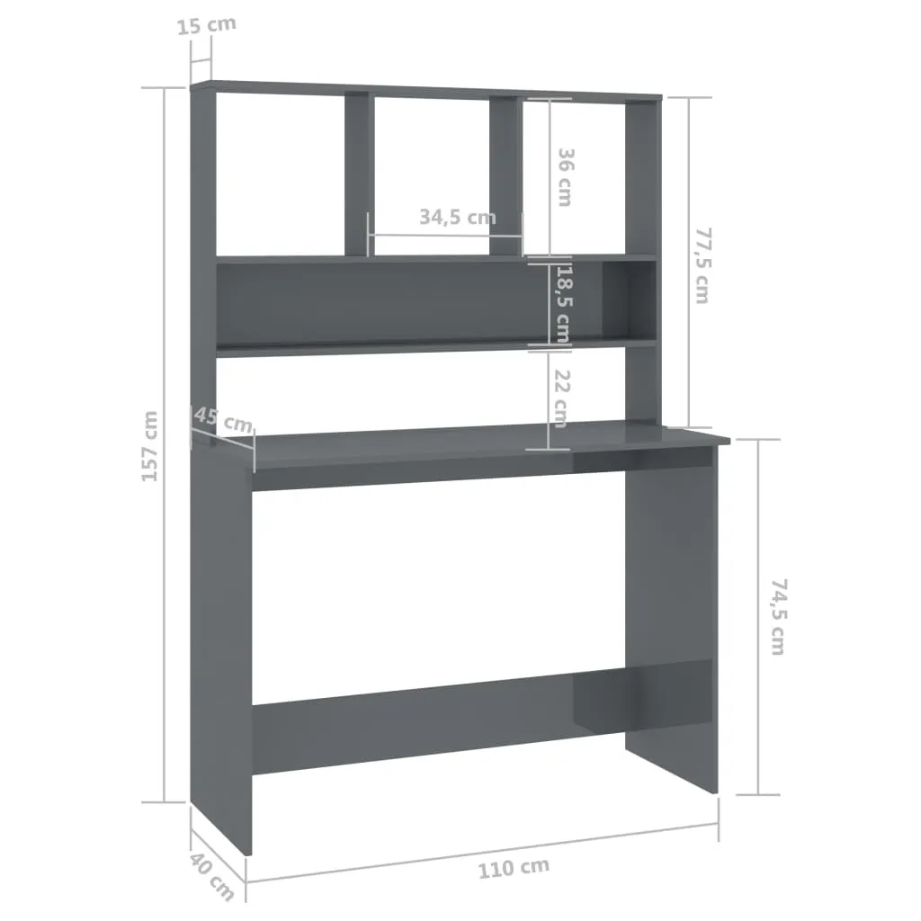 Poste de travail complet avec bibliothèque intégrée gris brillant 110cm - 6