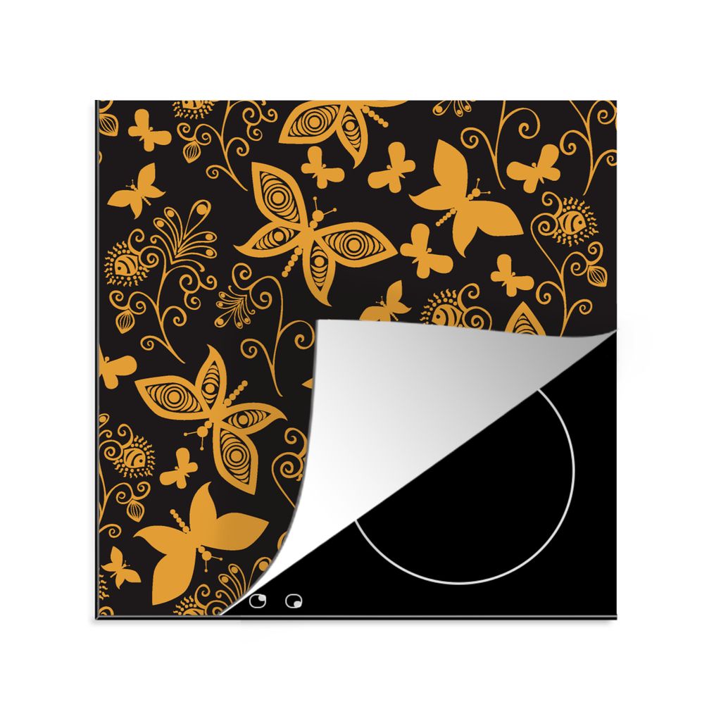 KitchenYeah Herdabdeckplatte Blumen - Schmetterling - Gold - Muster , 78x78cm, Küche Deko, Glaskeramikkochfeld Herdabdeckung, Abdeckplatte fùr ...