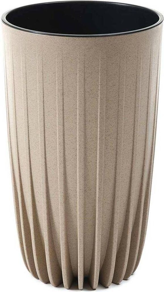 A tall, fluted planter pot with a speckled beige exterior and a black interior.