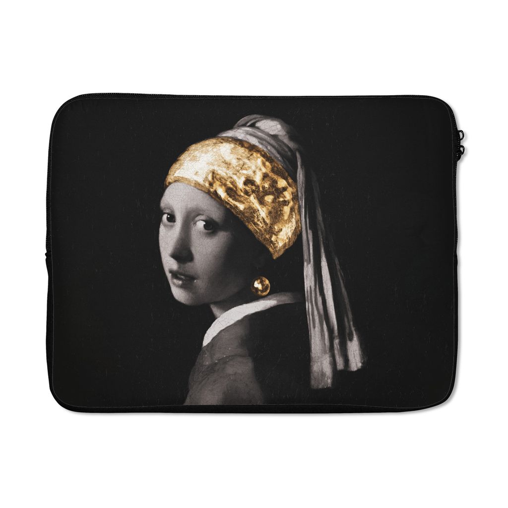 MuchoWow Laptop Hülle 17 Zoll Laptoptasche Mädchen mit Perlenohrring - Vermeer - Schwarz - Weiß - Gold - Zipper - Schutzabdeckung