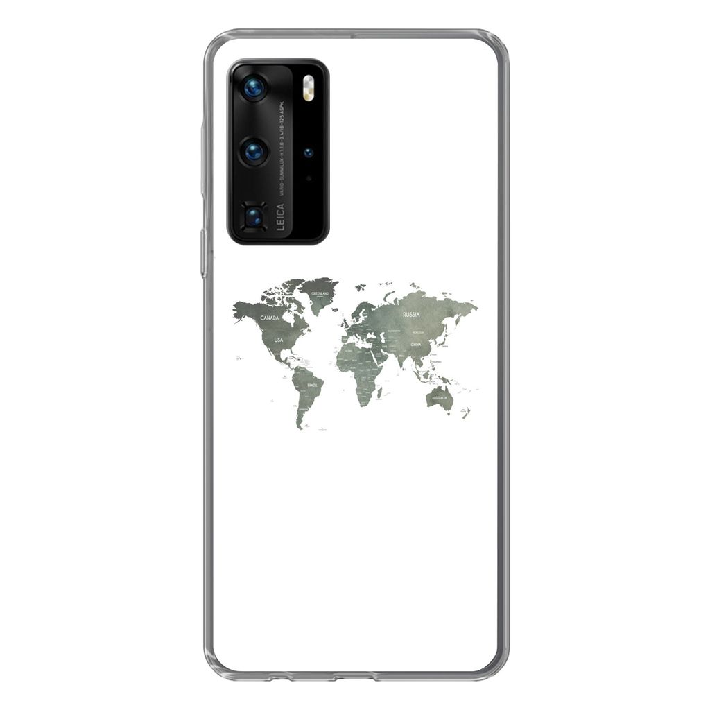 MuchoWow Handyhülle Schutzhülle Hülle für Huawei P40 Pro Weltkarte - Grün - Weiß Silikon Softcase Handy Hülle - Schutz