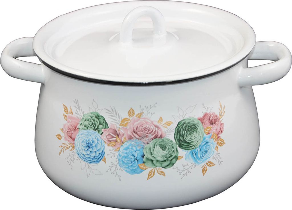 Emaille Koch-Topf mit Deckel Euphorie Blumen Motiv Produktbild 