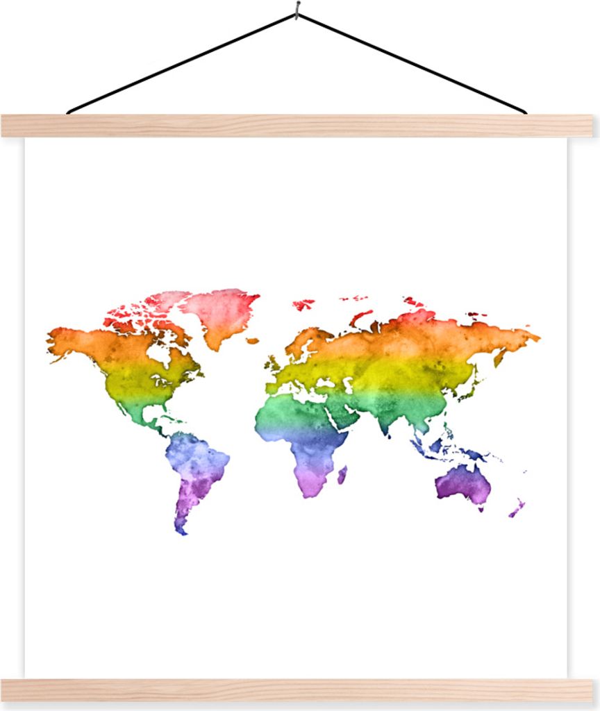 MuchoWow Textilposter Karte - Regenbogen - Aquarellfarbe 60x60 cm mit holzfarbenen Rahmen - Wanddekoration