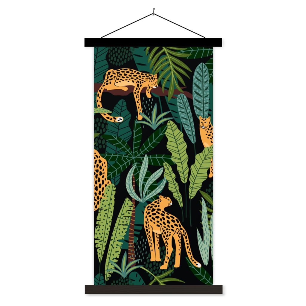 MuchoWow Textilposter Dschungel - Panther - Muster - Jungen - Mädchen - Pflanzen 90x180 cm mit schwarzem Rahmen - Dekoration Wohnzimmer