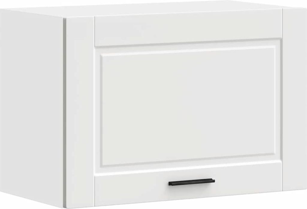A white kitchen wall cabinet with a single drawer and a decorative panel on the door.