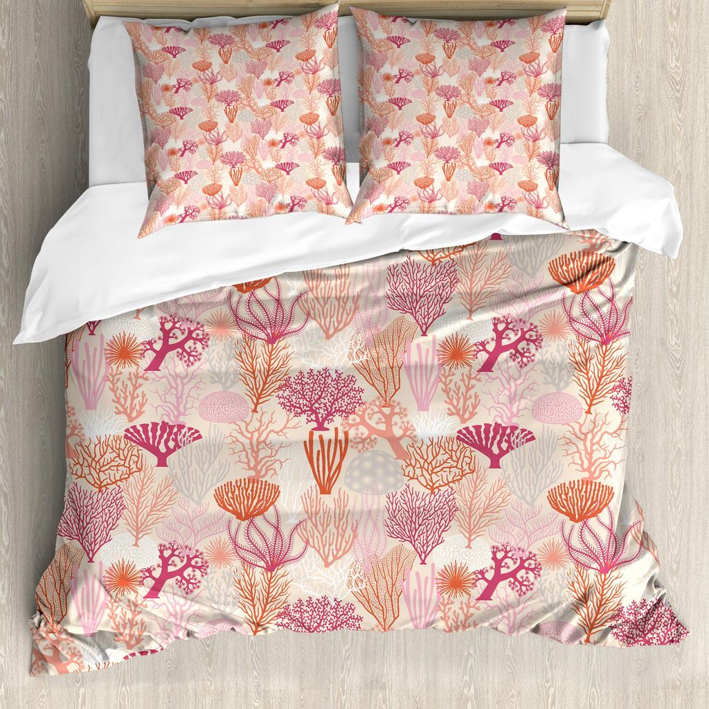 ABAKUHAUS Koralle Bettbezug Set, Verschiedene Korallenformationen Unterwasser Thema Unterwasserwelt Meerespflanzen Retro-Stil, 200 x 200 cm + 80 x ...