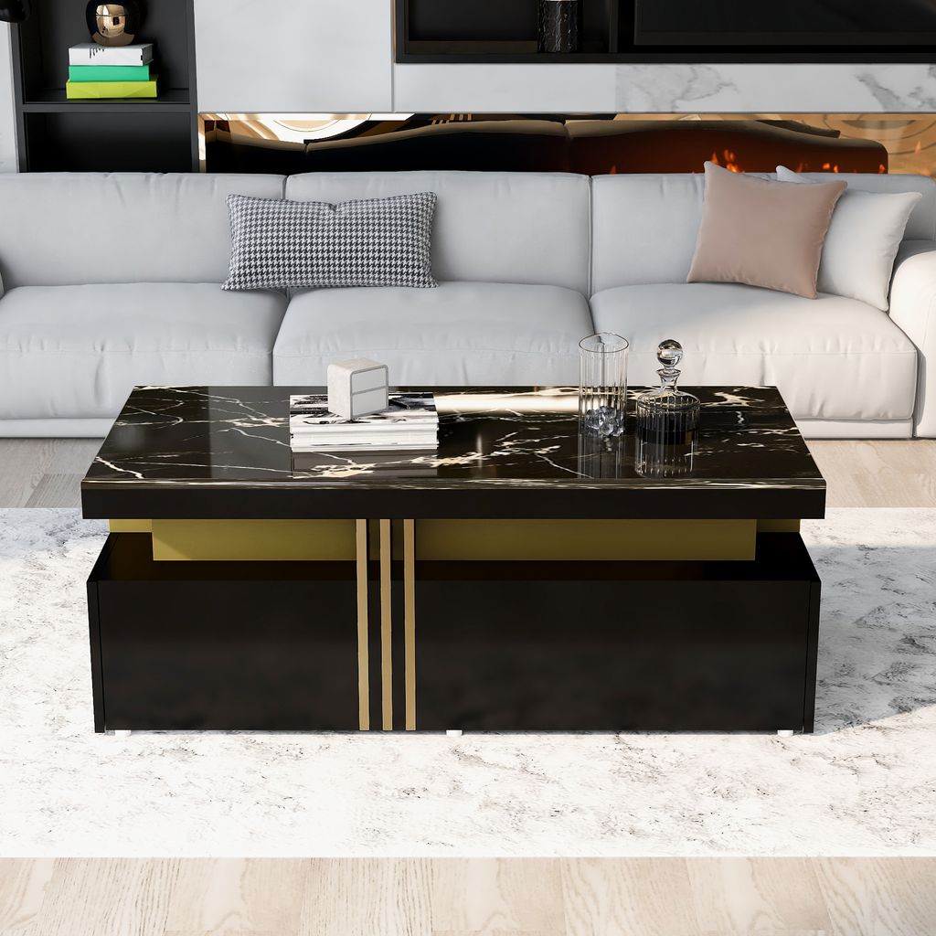 Couchtisch mit 2 Schubladen, Tischplatte in Marmoroptik, 100/50/40 cm, Sofatische, Wohnzimmertisch, Beistelltisch, Kaffeetisch