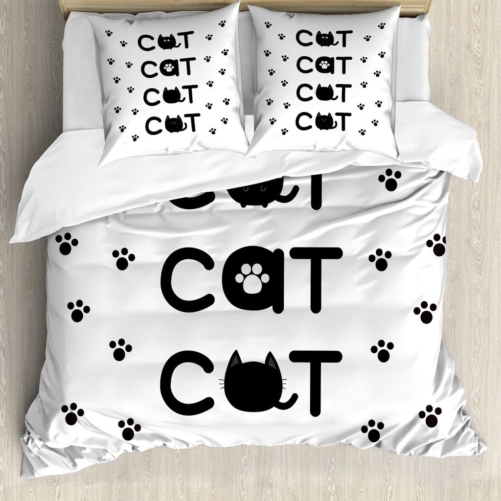 ABAKUHAUS Kätzchen Bettbezug, Cat Text mit Tatzen-Druck, Milbensicher Allergiker geeignet mit Kissenbezügen, 155 cm x 220 cm - 80 x 80 cm, Schwar...