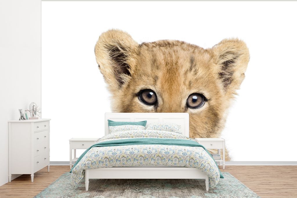 MuchoWow Fototapete für Wohnzimmer oder Schlafzimmer Wandtapete Vinyl Motivtapete Löwe - Tiere - Natur - Weiß - 375x280 cm - Schlafzimmer tapete