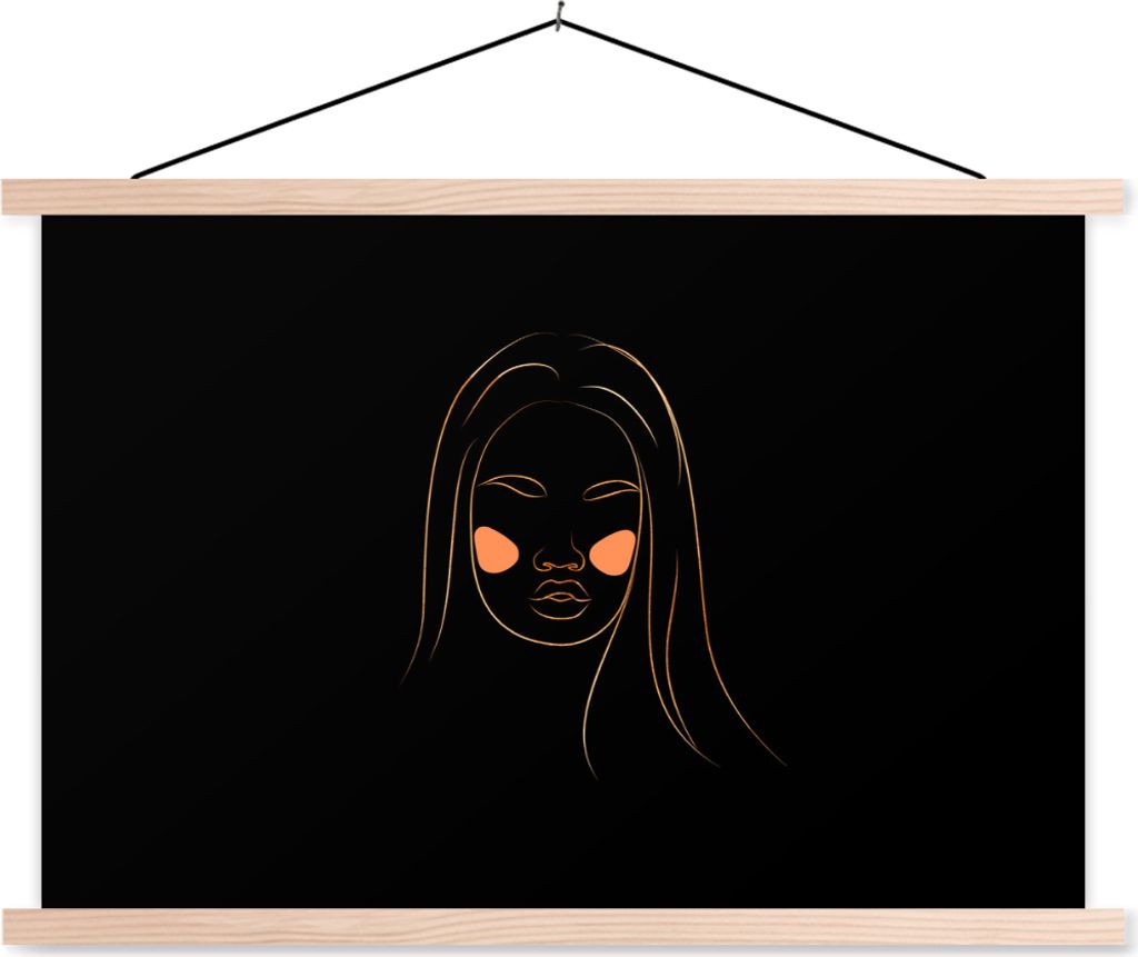 MuchoWow Textilposter Frau - Gold - Rosa - Strichzeichnung 120x80 cm mit holzfarbenen Rahmen - Aufhängeset