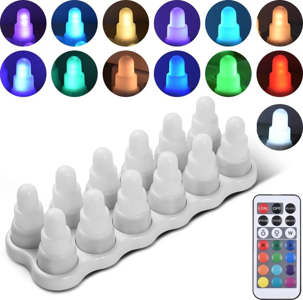 A collection of LED candles and a remote control, displayed on a white background.