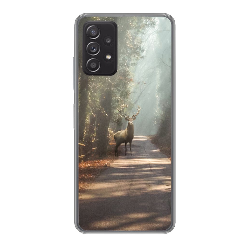 MuchoWow Handyhülle Schutzhülle Hülle für Samsung galaxy a73 Hirsche - Wald - Sonnenstrahlen Silikon Softcase Handy Hülle - Handyhülle