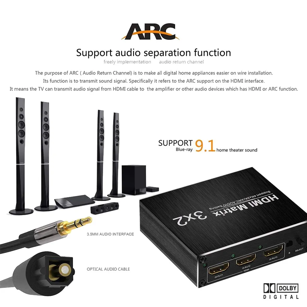 Switch Splitter HDMI 4K 3x2 ARC Extracteur Audio SPDIF HOPE R Télécommande