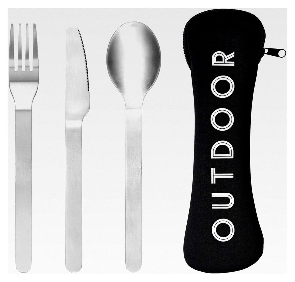 Reisebesteck-Set aus Edelstahl, 3-teilig mit Etui, wiederverwendbar, schwarz