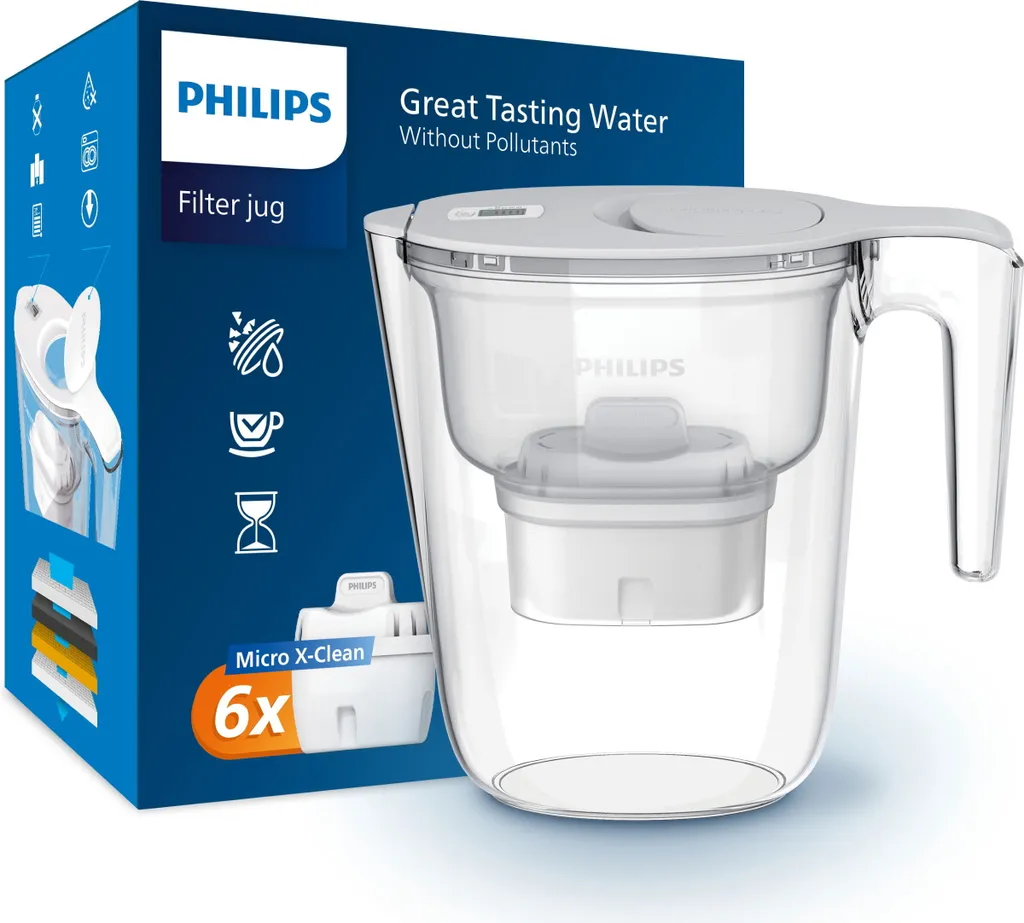 Pack Carafe Filtrante Philips blanche 2,6L avec 6 Filtres Micro X-Clean