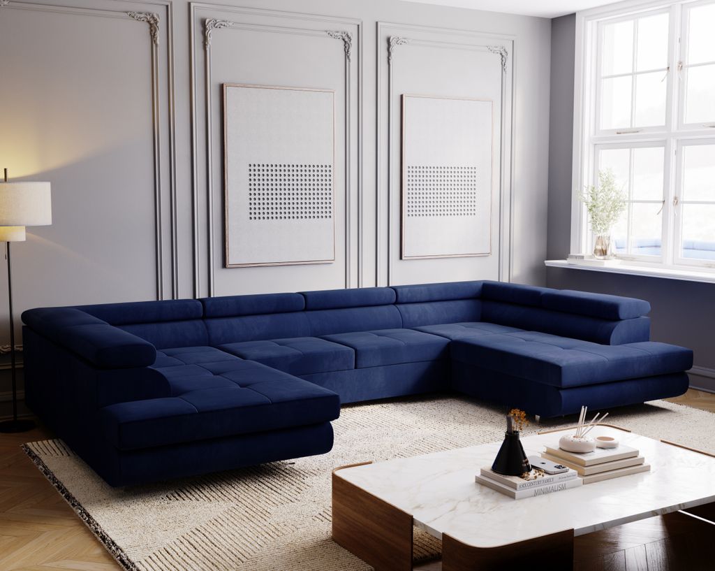 E-ZIMPAZ Ecksofa mit Schlaffunktion und Bettkasten MONTANA XL Eckcouch U-Form Sofa Wohnzimmersofa XXL Wohnlandschaft Couchgarnitur - Blau MH 77