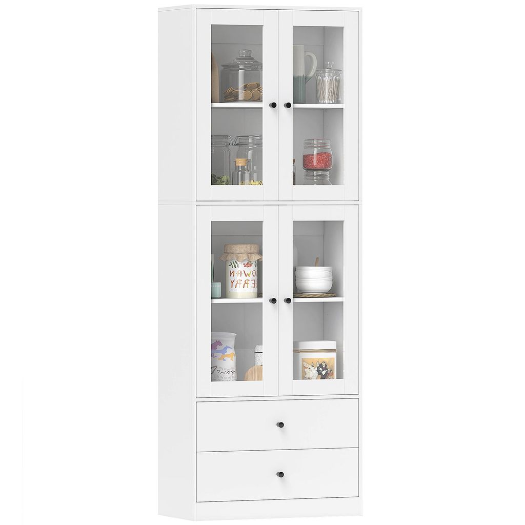 A white kitchen cabinet with glass doors and drawers, filled with various jars and containers.