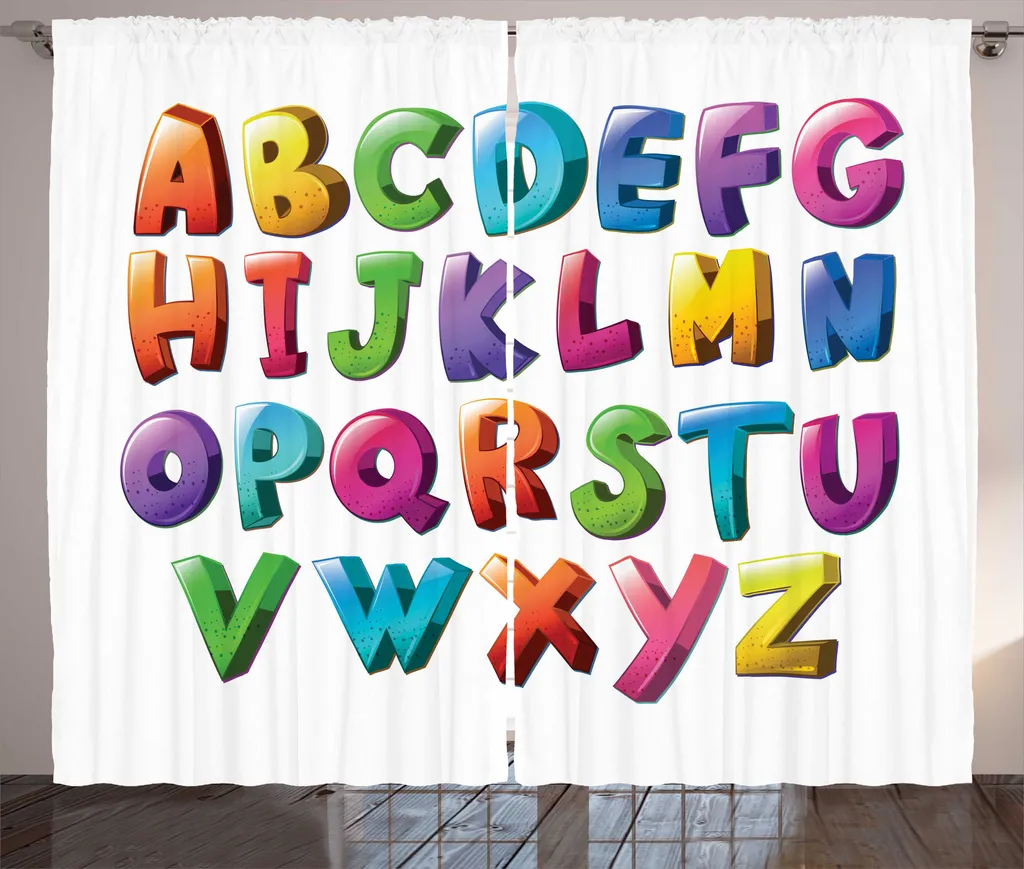Rideau bleu azur dégradé Alphabet avec boucles et crochets 280x225