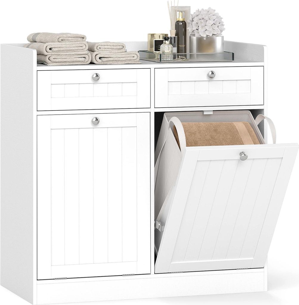 COSTWAY Kippbarer Wäscheschrank, Badezimmerschrank mit Regal, Schublade & Wäschesack, Badschrank mit Griffen für Badezimmer, Weiß, 79x40x80cm
