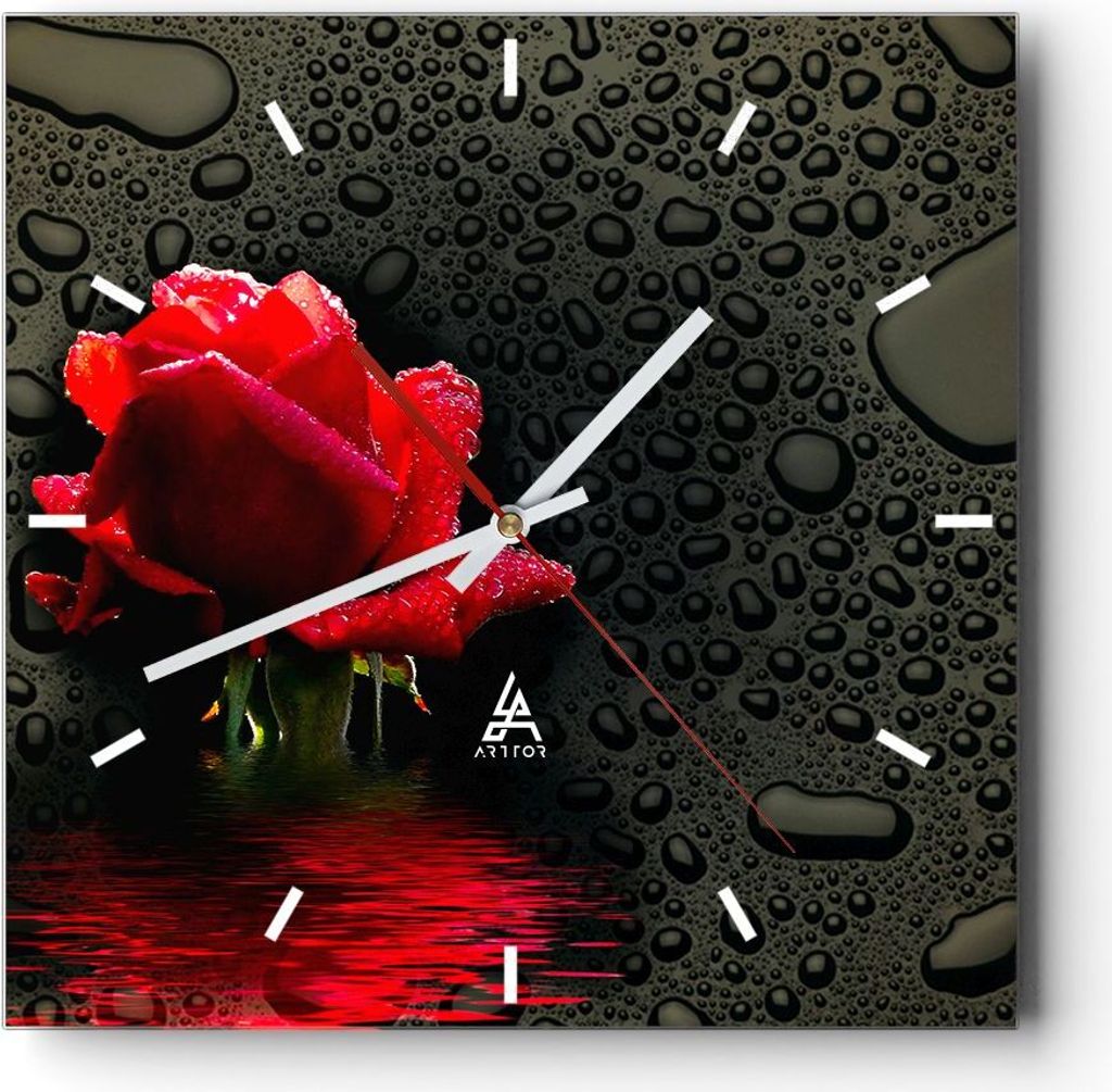 Wanduhr - Quadrat - Glasuhr - Blume rote rose wasser tau - 40x40cm - Schleichendes Uhrwerk - Lautlos - zum Aufhängen bereit - Dekoration Modern - ...