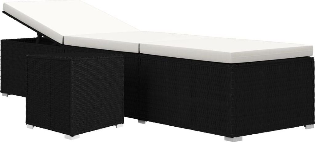 A black poly rattan chaise lounge with a white cushion and a small matching cube stool.