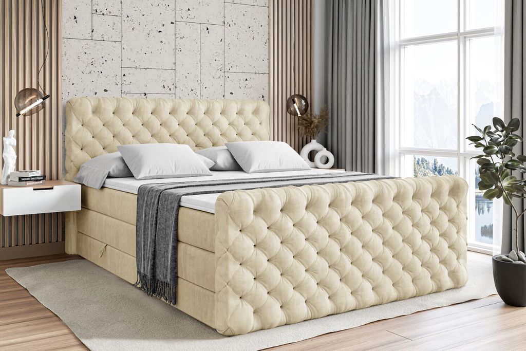 ALTDECOR Boxspringbett mit Fußteil, 2 Matratzen und Topper - 120x200 cm - BOXI8-Z KING - Beige Samt - Polsterbett mit, H3- und H4- Matratzen, Bett...