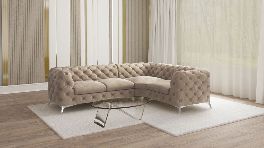 S-STYLE MÖBEL - Chesterfield Ecksofa Cleo mit Silber Metall Füßen aus Dunkle Creme Samtstoff, Ottomane rechts, B/T/H: 264 cm / 204 cm/ 75 cm