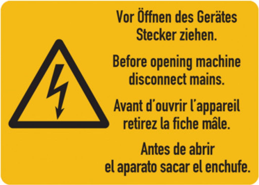Dreifke Warnschild, Vor Öffnen des Gerätes Stecker ziehen (4-sprachig), Foli...