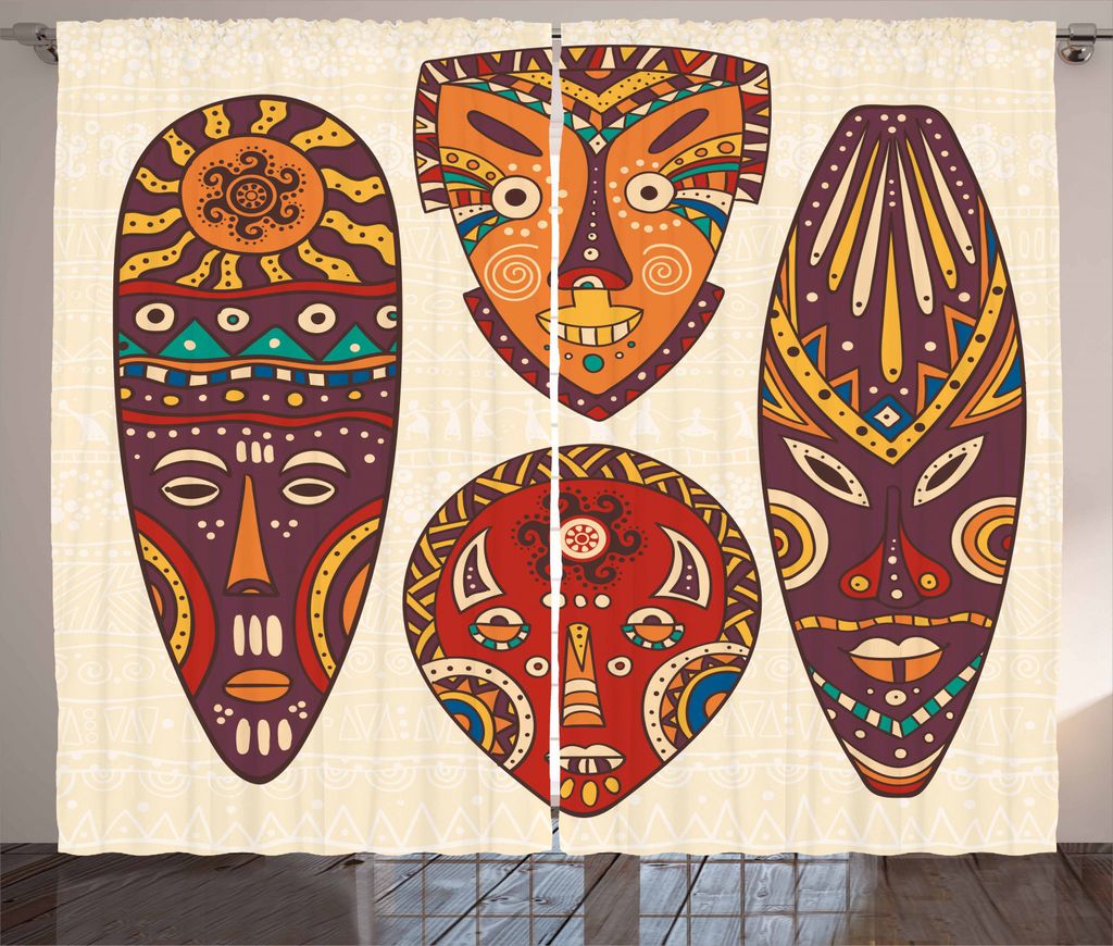 ABAKUHAUS Tiki Bar Rustikaler Vorhang, Volkskunst, Wohnzimmer Universalband Gardinen mit Schlaufen und Haken, 280 x 245 cm, Mehrfarbig