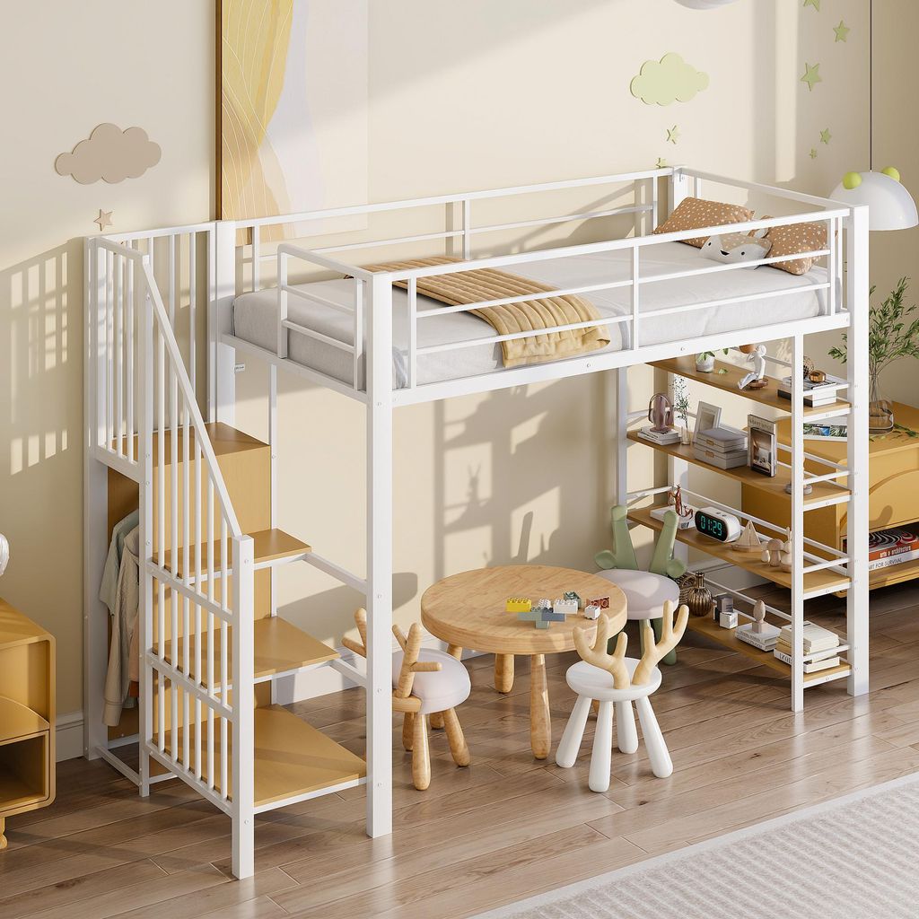 MODFU Etagenbetten 90×200 Jugendbett mit Sicherheitstreppe und Stauraum,mit kleinem Kleiderschrank und Einlegeböden,Bettgestell mit hohes Zaundes...