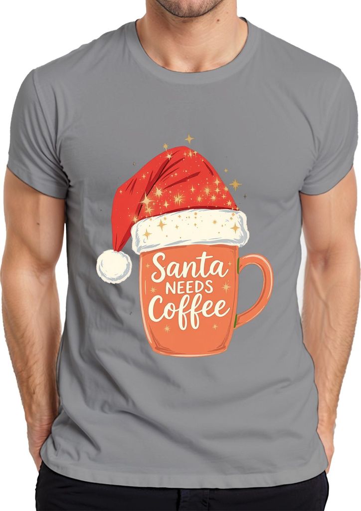Santa Needs Coffee Weihnachtsmann Kaffee Weihnachten Geschenk Herren T-Shirt, Grau, XXL
