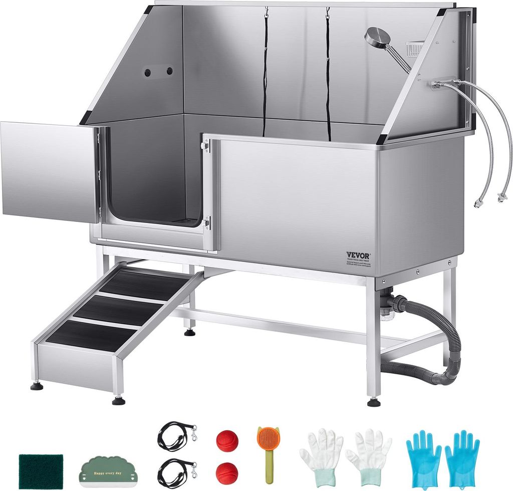 VEVOR Hundewaschstation Edelstahl, 1500x700x1495 mm Tierpflegewanne mit Rampe, PE-Wasserfilterplatte, Wasserhahn, Duschkopf & Seifenhalter, für gr...