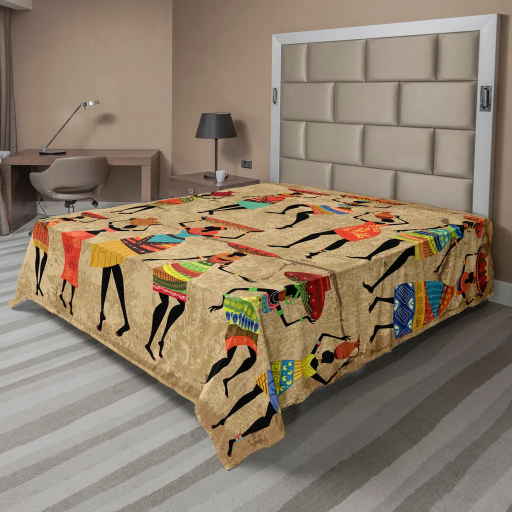 Drap plat décoratif motif africain 260x228 cm en tissu doux écru