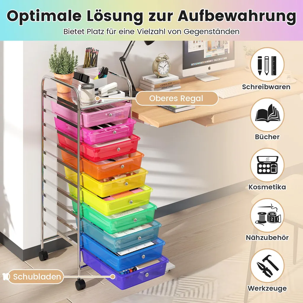Caisson à roulettes multicolore avec 10 bacs de rangement amovibles - 4