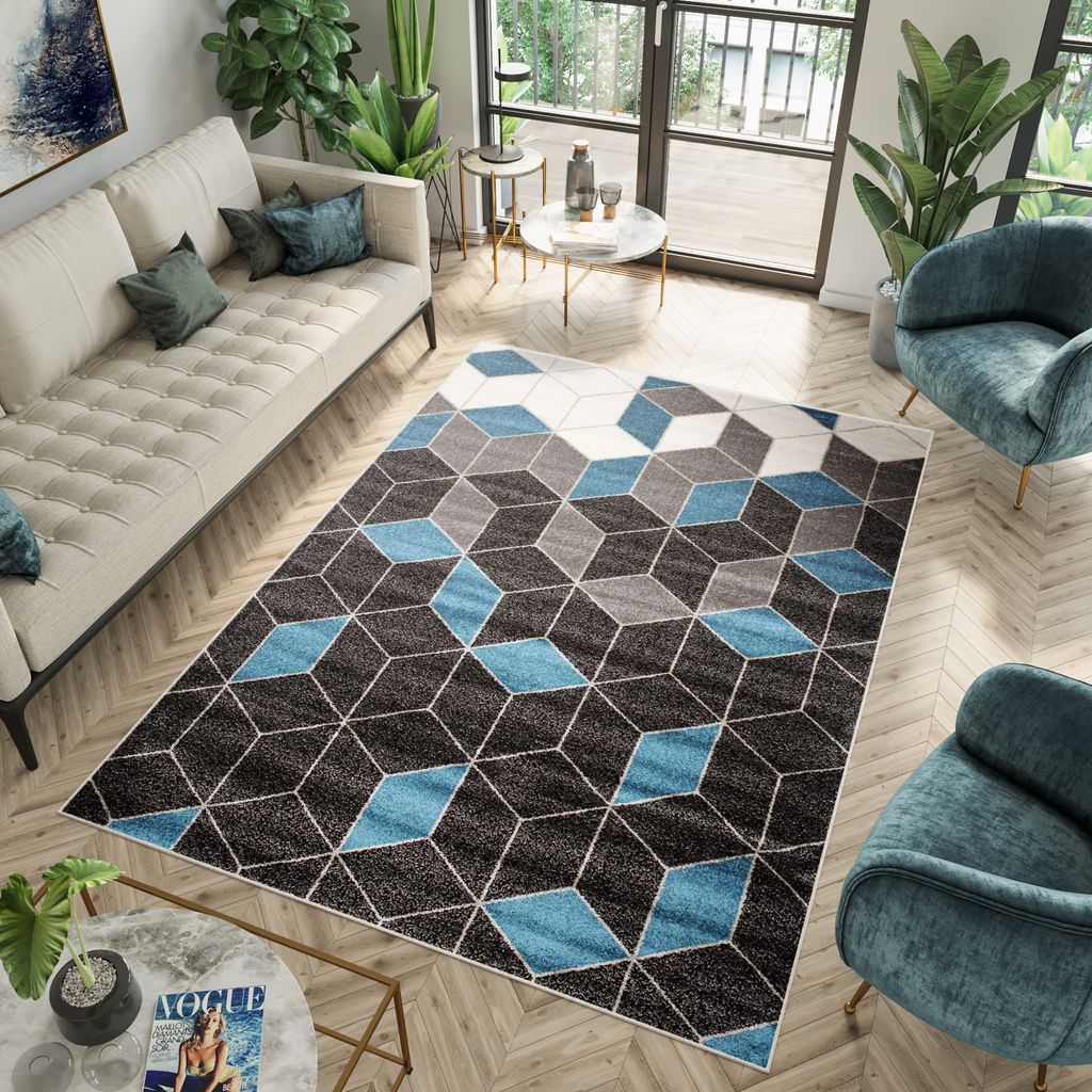 Teppich Wohnzimmer Schlafzimmer Kurzflor Modern Design Schwarz Blau Creme Grau Viereck Kubus Geometrisch 120 x 170 cm