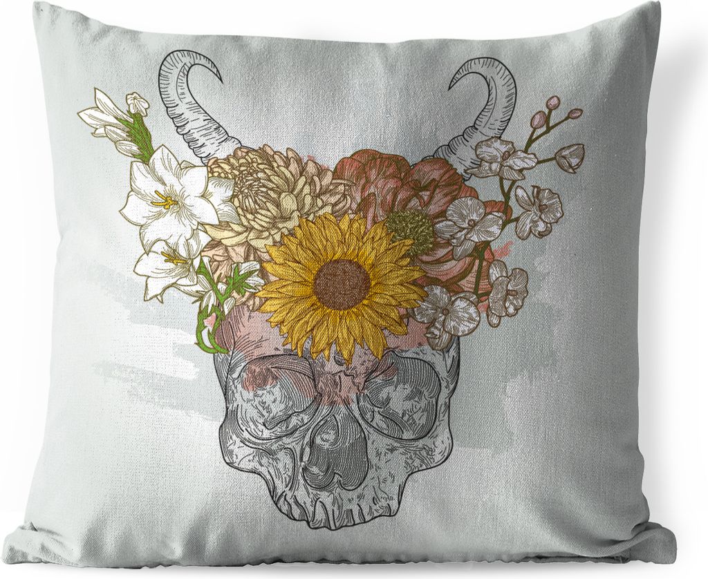 MuchoWow Outdoor Kissen - Schönes Blumenarrangement auf Totenkopf - 60x60 cm - Wetterfest - Lounge Kissen - Dekoration - Schlaf Kissen