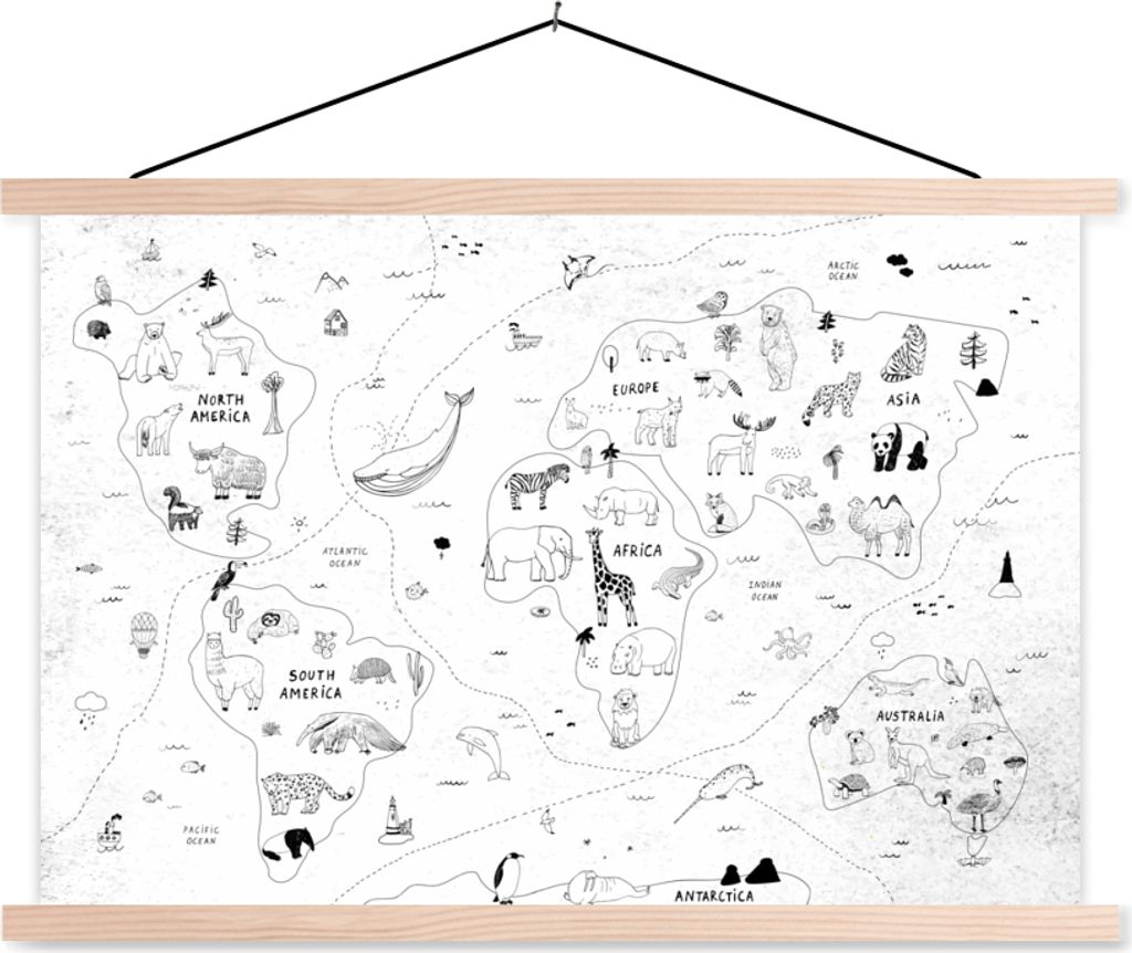 MuchoWow Textilposter Weltkarte - Kinder - Weiß - Schwarz 60x40 cm mit holzfarbenen Rahmen - Bilder